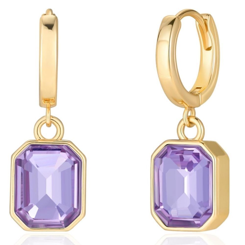 18K Yellow Gold with Purple Amethyst Crystal Dangling Octagon Huggie Earrings
